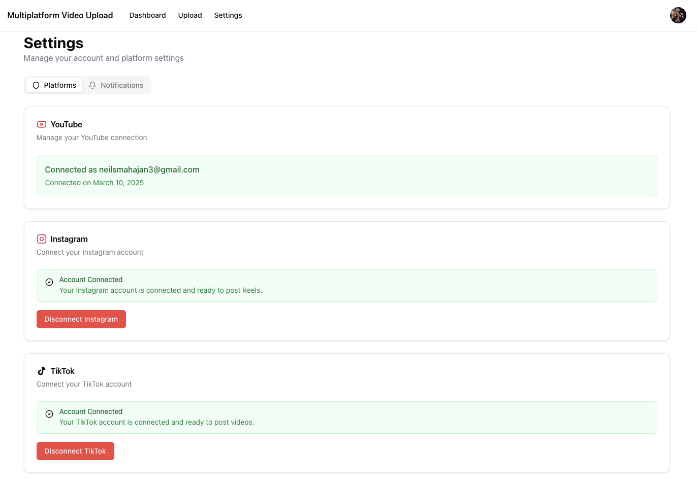 Multiplatform Video Upload Settings Page